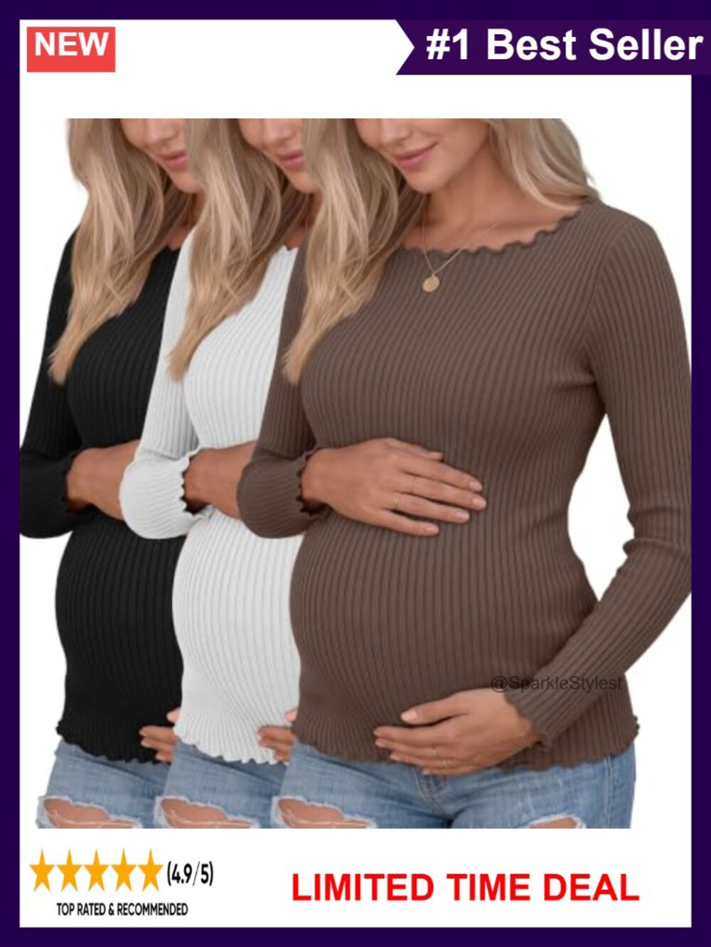 3 Pack Womens Maternity Long Sleeve Cotton Tops